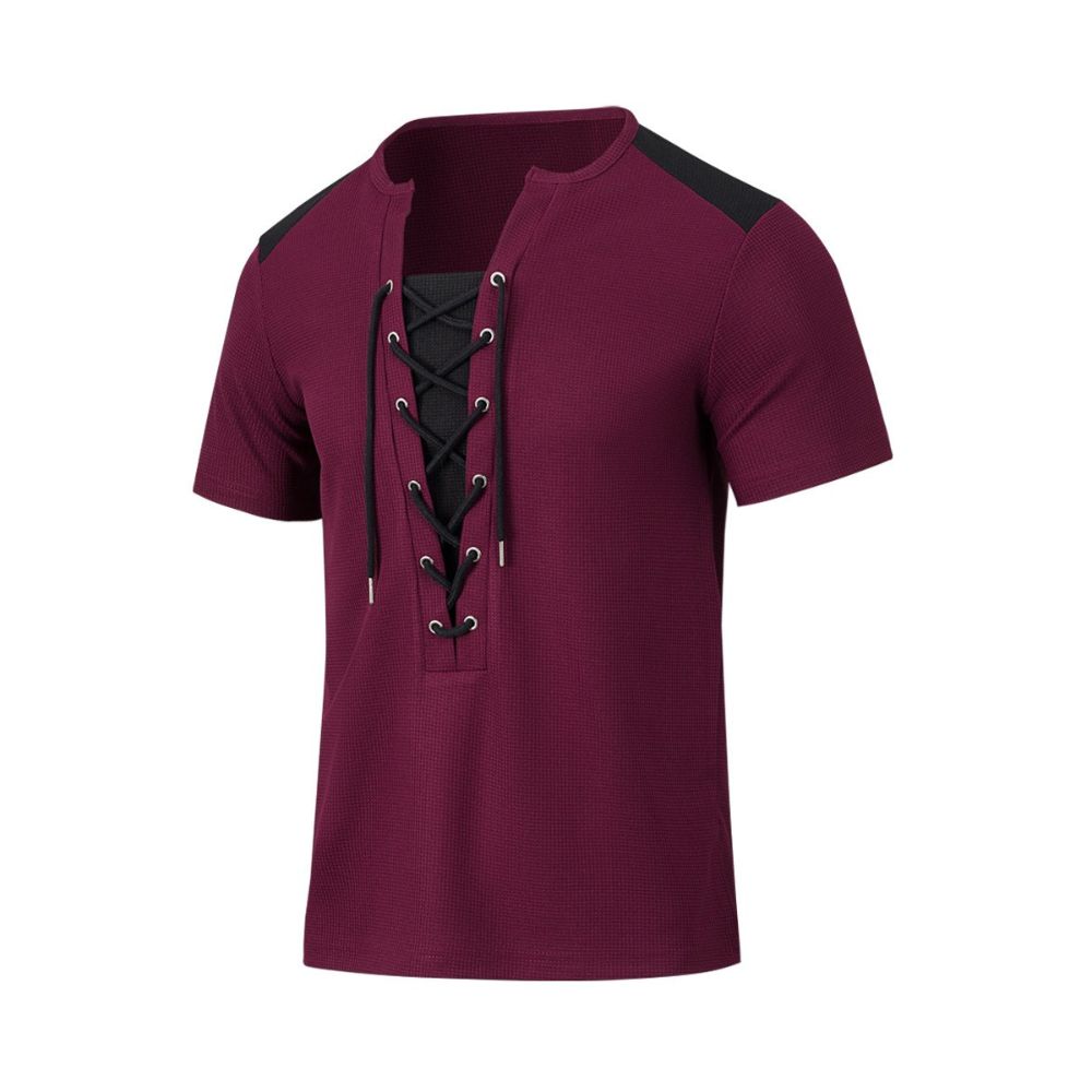 Vielseitiges, lässiges Kurzarm-T-Shirt mit Colorblock-Nähten und Kordelzug