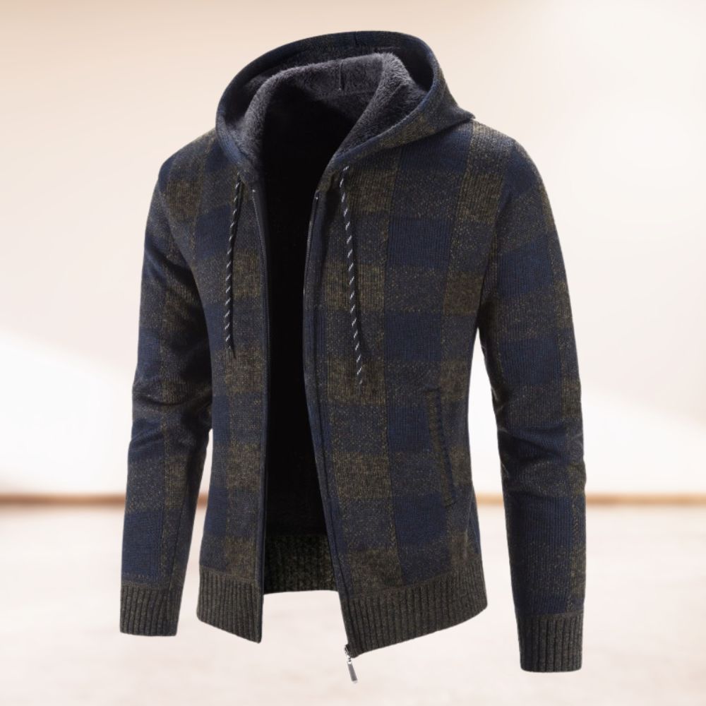 Modische Winter-Strickjacke mit samtverdicktem Karomuster und Kapuze