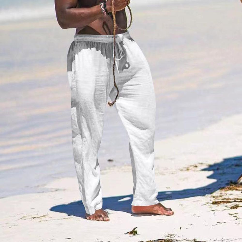 Pantalon décontracté en coton et lin de couleur unie pour homme