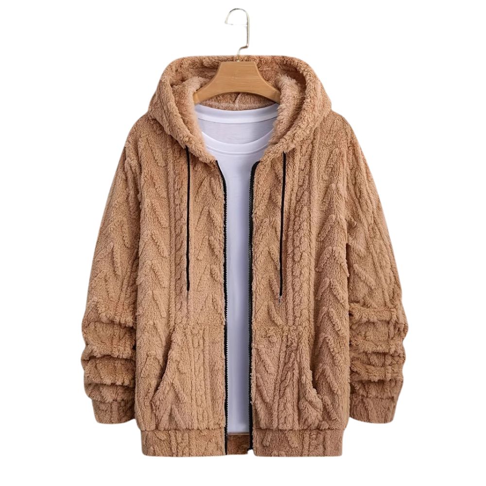 Herren-Winterjacke aus Korallensamt mit langen Ärmeln und Kapuze und Reißverschluss