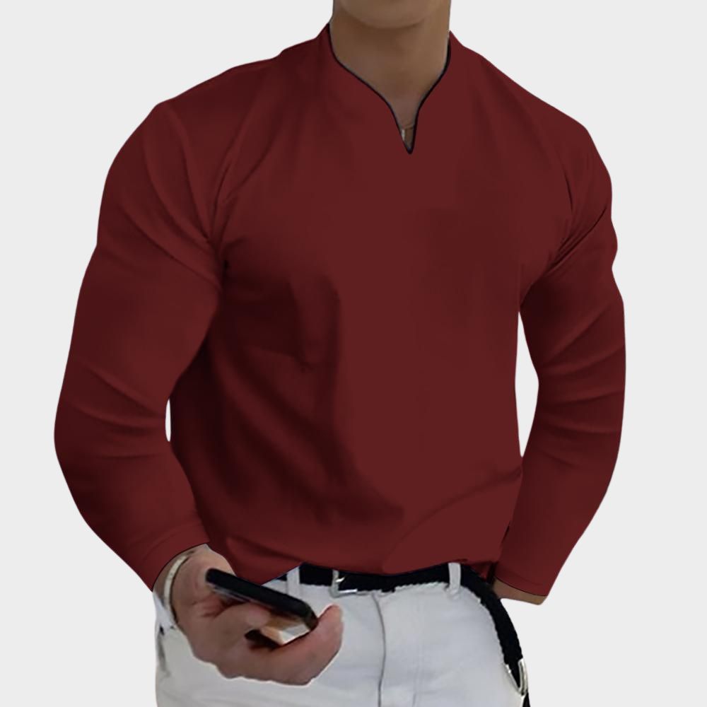 Lässiges, atmungsaktives, einfarbiges Langarm-T-Shirt mit V-Ausschnitt für Herren