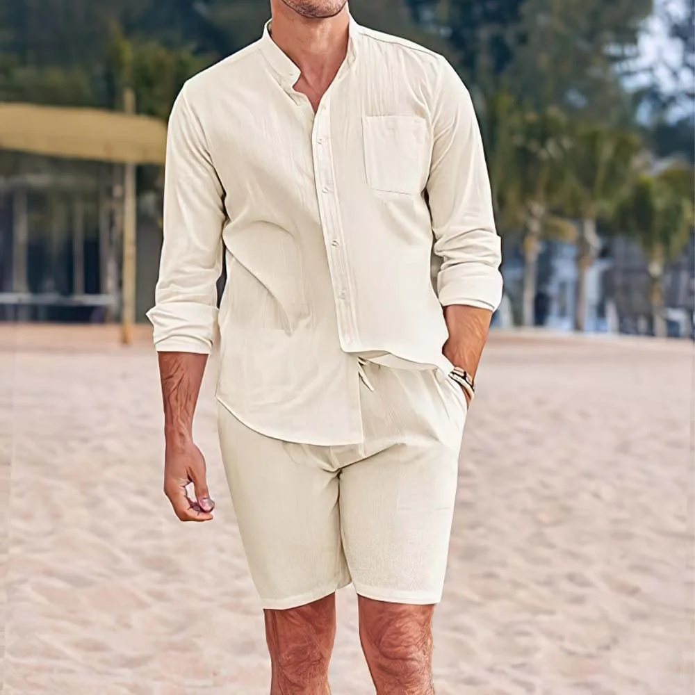 Ensemble deux pièces chemises et shorts en coton et lin pour hommes