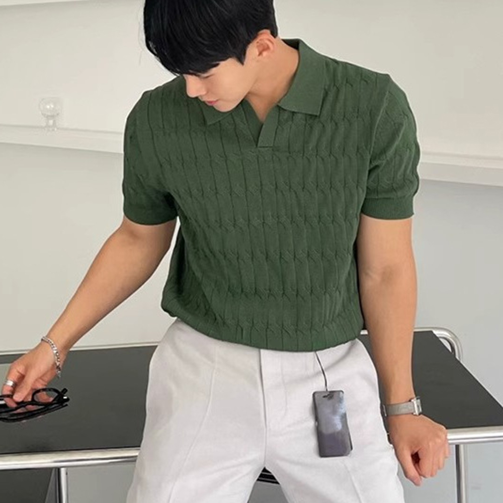 Atmungsaktiver Jacquard-Kurzarm-Strickpullover mit Revers für Herren