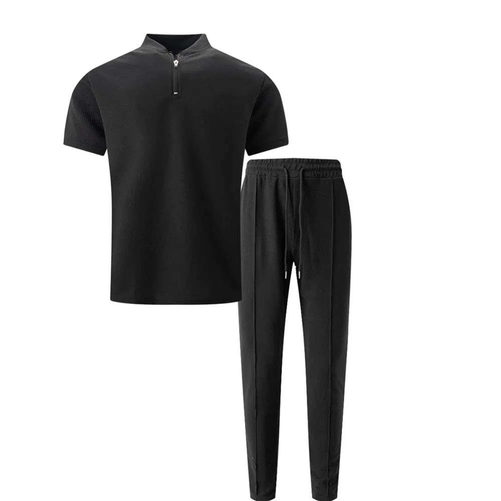 Ensemble deux pièces gaufré à manches courtes et pantalon pour homme