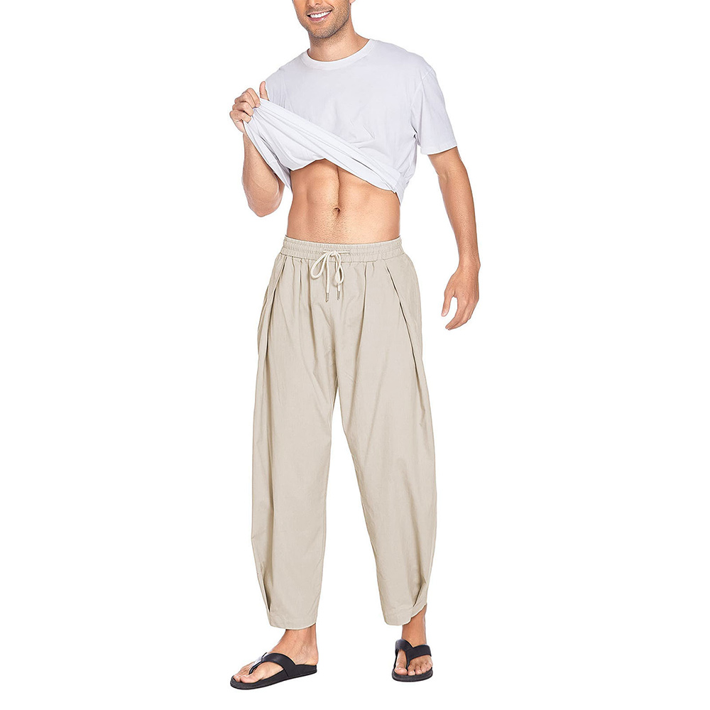 Pantalon décontracté ample en coton et lin pour homme