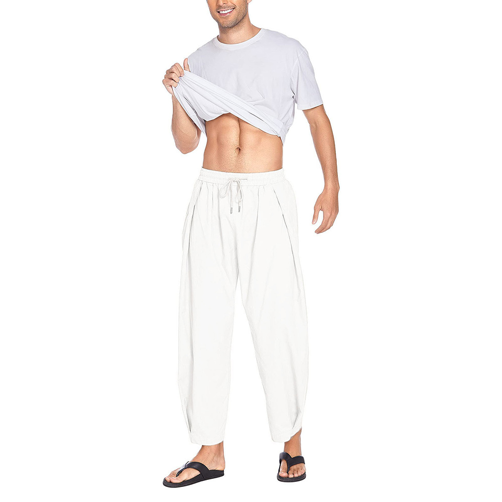 Pantalon décontracté ample en coton et lin pour homme