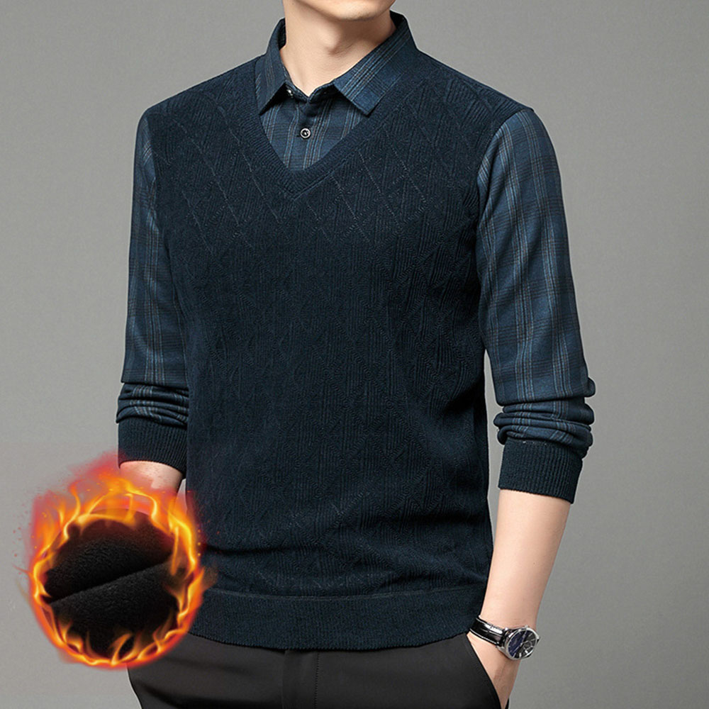 Warmer Herrenpullover aus Fleece und verdicktem Fake-Zweiteiler mit Revers