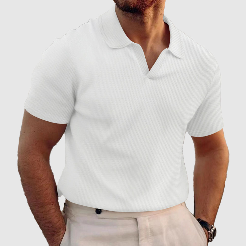 Herren Waffel-Poloshirt mit V-Ausschnitt und kurzen Ärmeln