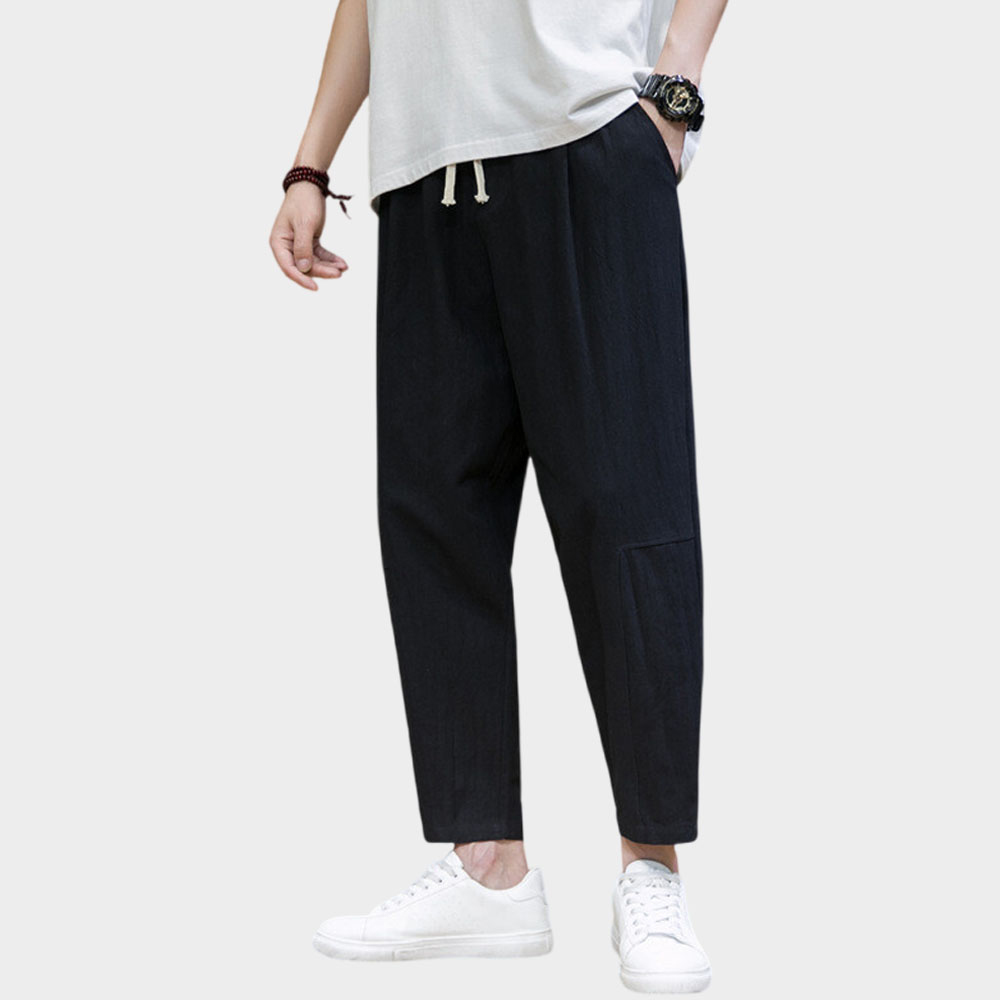 Lockere, einfarbige lässige Neun-Punkt-Hose aus Baumwolle und Leinen für Herren