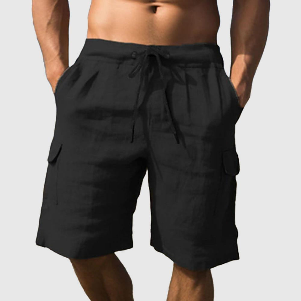 Gerade, einfarbige Fünf-Punkt-Freizeitshorts aus Baumwolle und Leinen für Herren