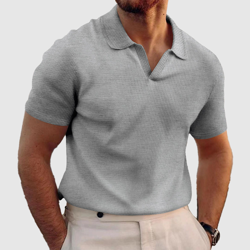 Herren Waffel-Poloshirt mit V-Ausschnitt und kurzen Ärmeln