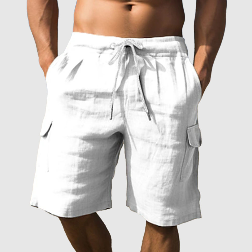 Gerade, einfarbige Fünf-Punkt-Freizeitshorts aus Baumwolle und Leinen für Herren