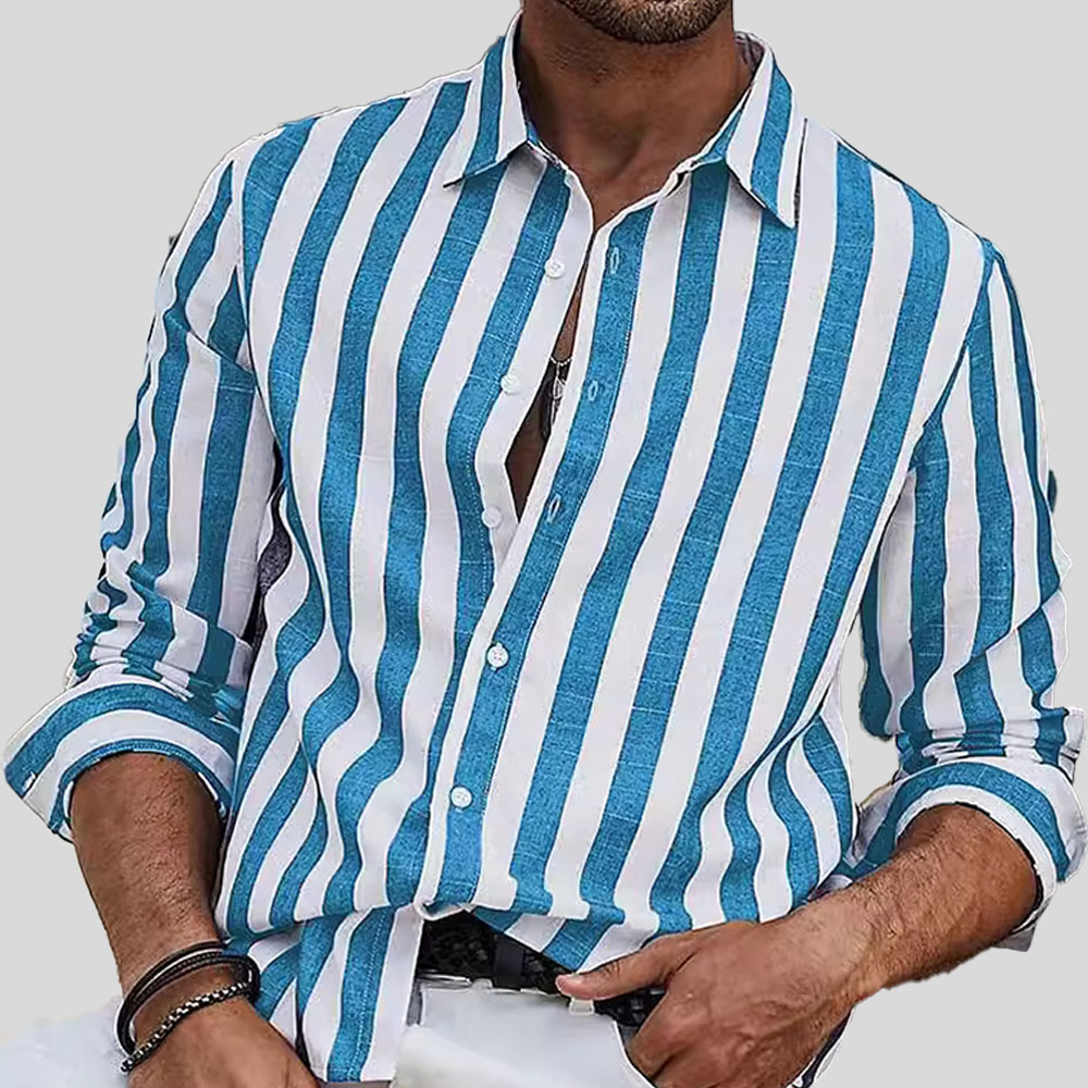 Lässiges, gestreiftes Langarmhemd aus garngefärbter Baumwolle und Leinen mit Revers für Herren