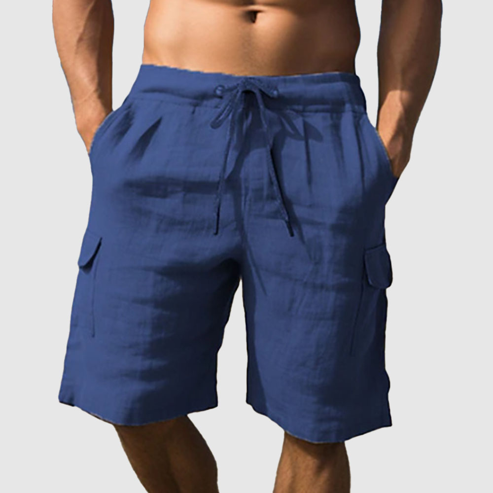 Gerade, einfarbige Fünf-Punkt-Freizeitshorts aus Baumwolle und Leinen für Herren