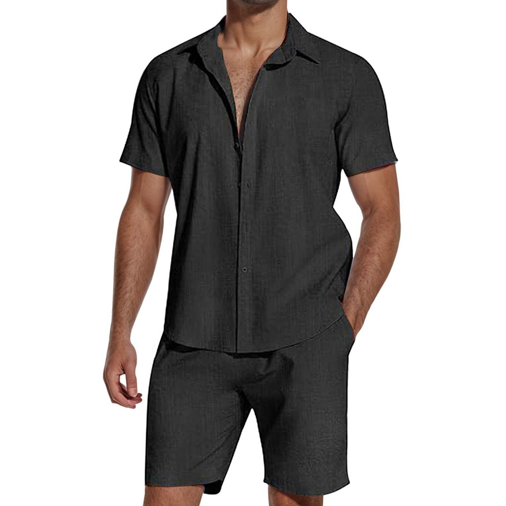 Ensemble deux pièces chemise à manches courtes et short en lin pour homme