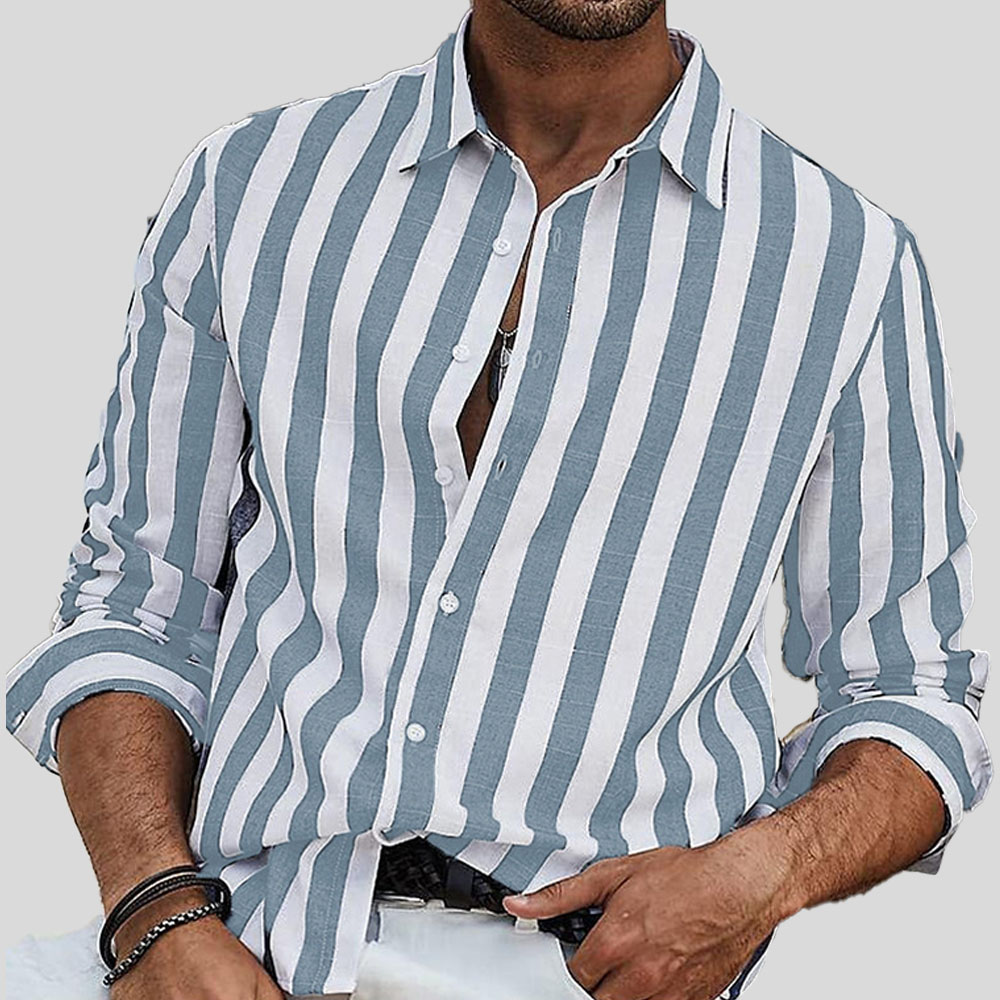 Lässiges, gestreiftes Langarmhemd aus garngefärbter Baumwolle und Leinen mit Revers für Herren