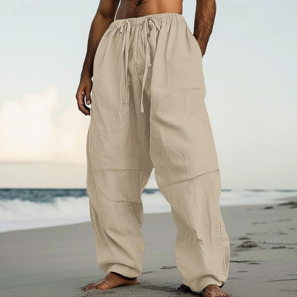 Pantalon large décontracté en coton et lin pour homme