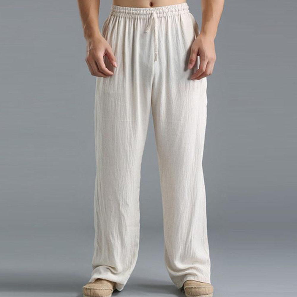 Pantalon décontracté ample en coton et lin pour homme