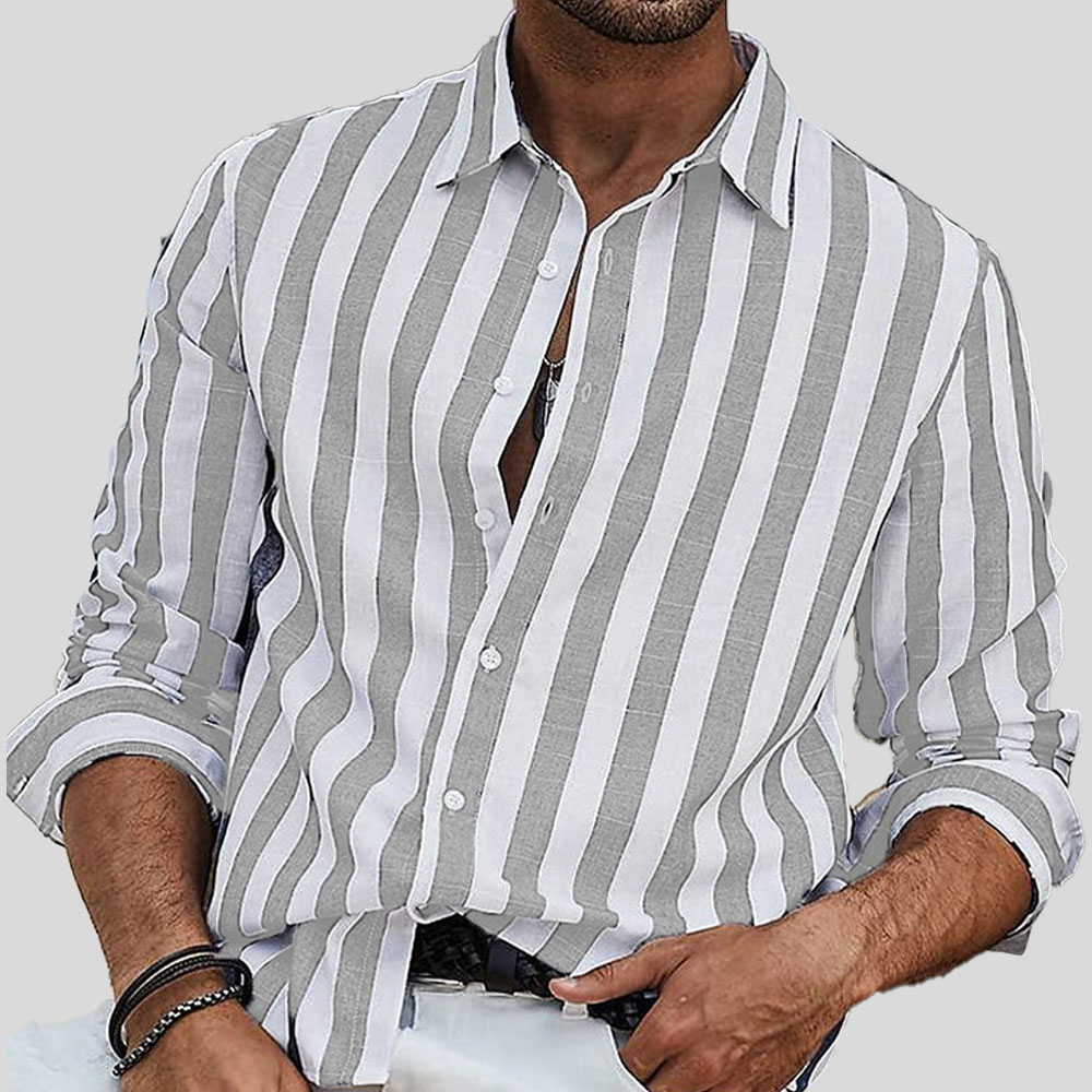 Lässiges, gestreiftes Langarmhemd aus garngefärbter Baumwolle und Leinen mit Revers für Herren