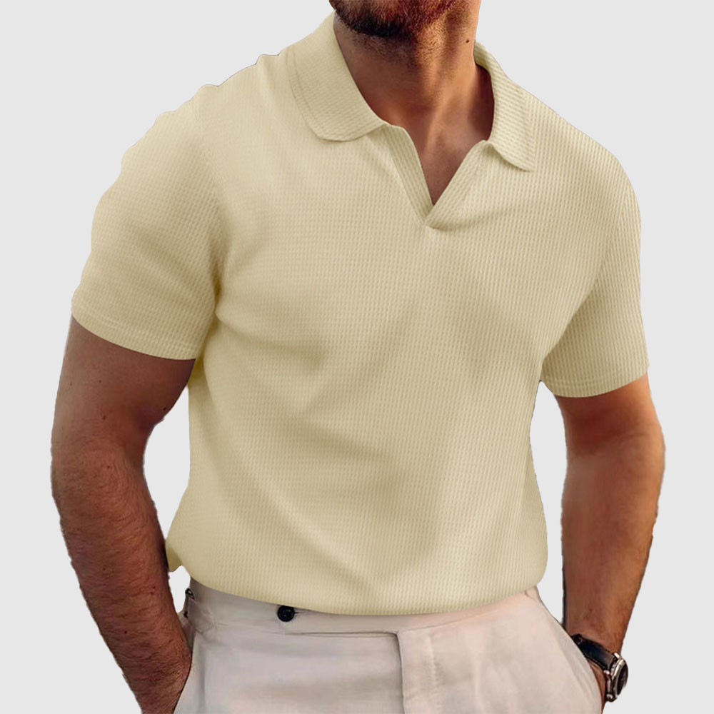 Herren Waffel-Poloshirt mit V-Ausschnitt und kurzen Ärmeln
