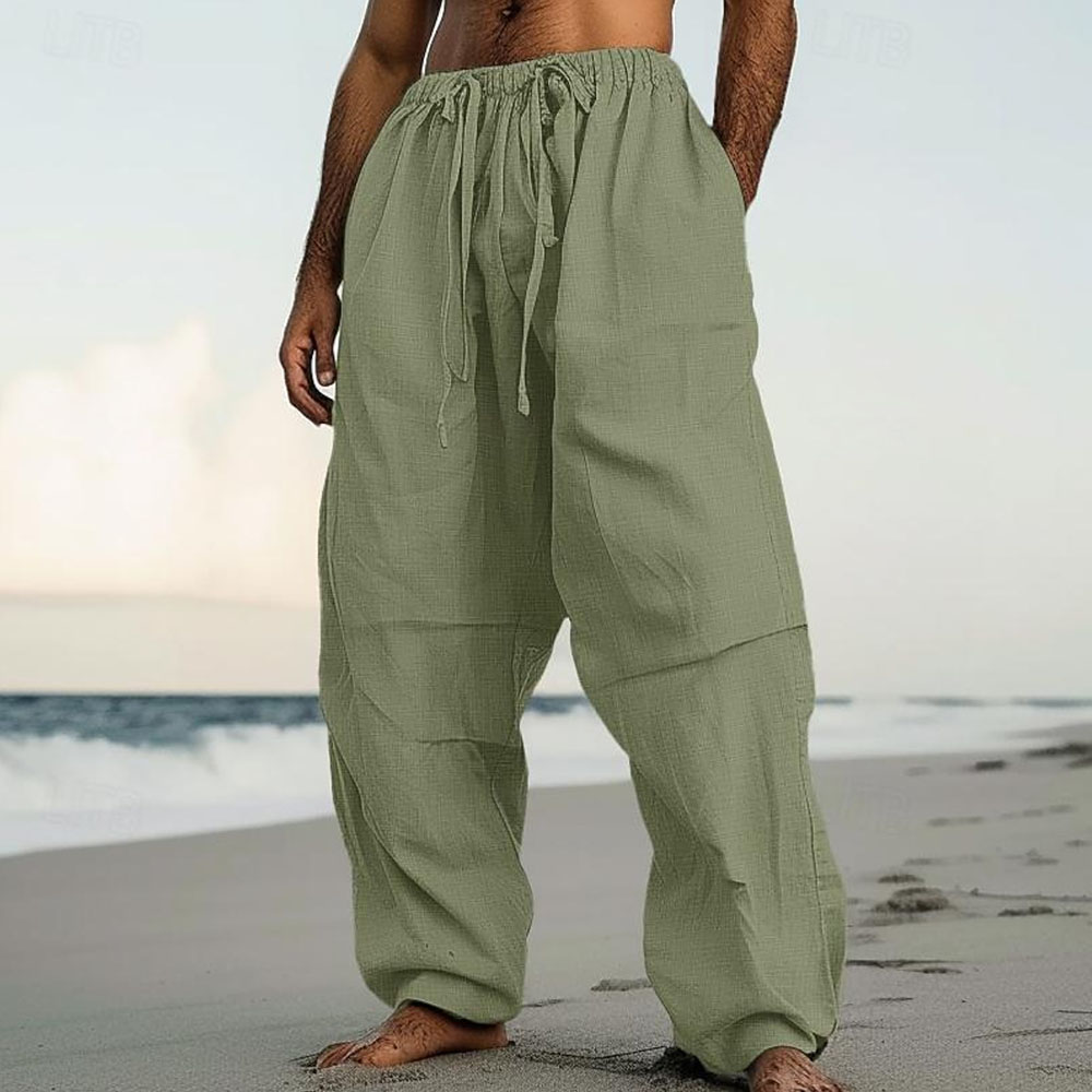 Pantalon large décontracté en coton et lin pour homme