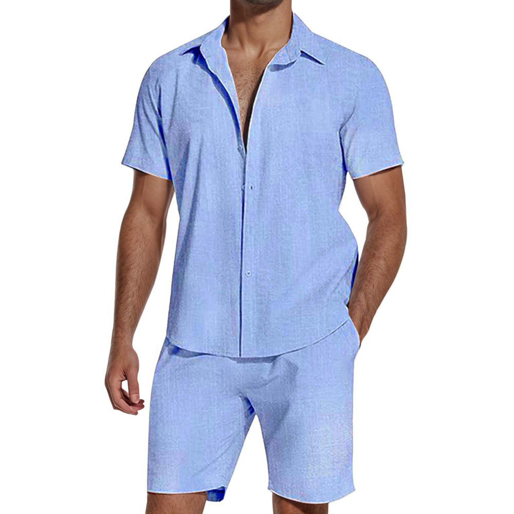 Ensemble deux pièces chemise à manches courtes et short en lin pour homme