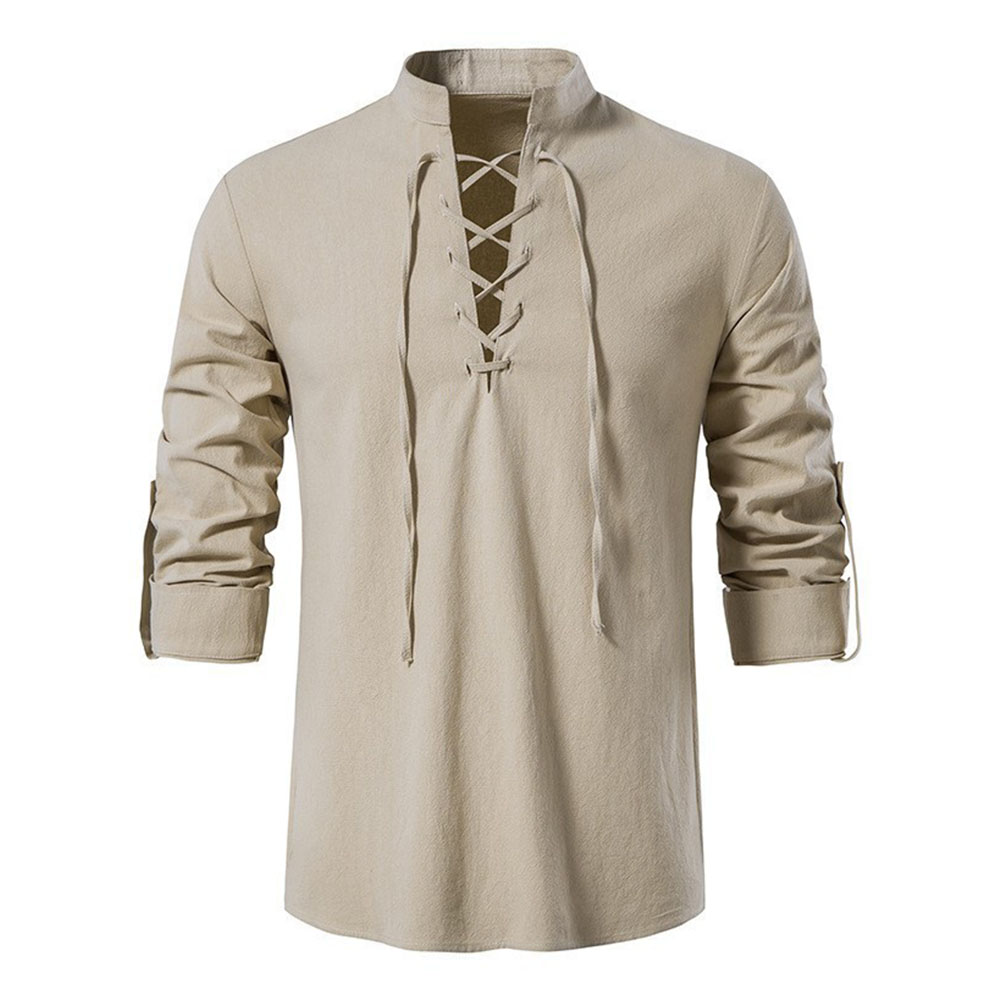 Haut à manches longues en coton et lin à lacets pour homme