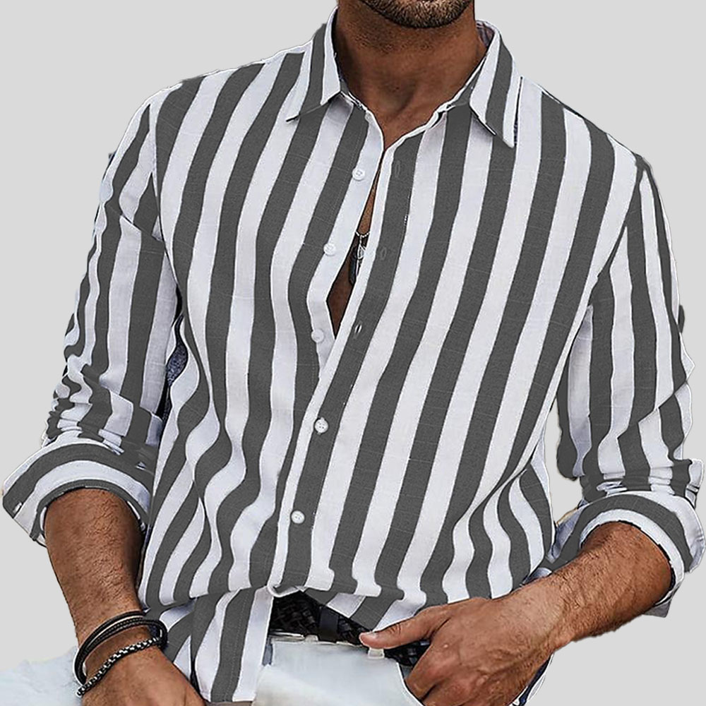 Lässiges, gestreiftes Langarmhemd aus garngefärbter Baumwolle und Leinen mit Revers für Herren