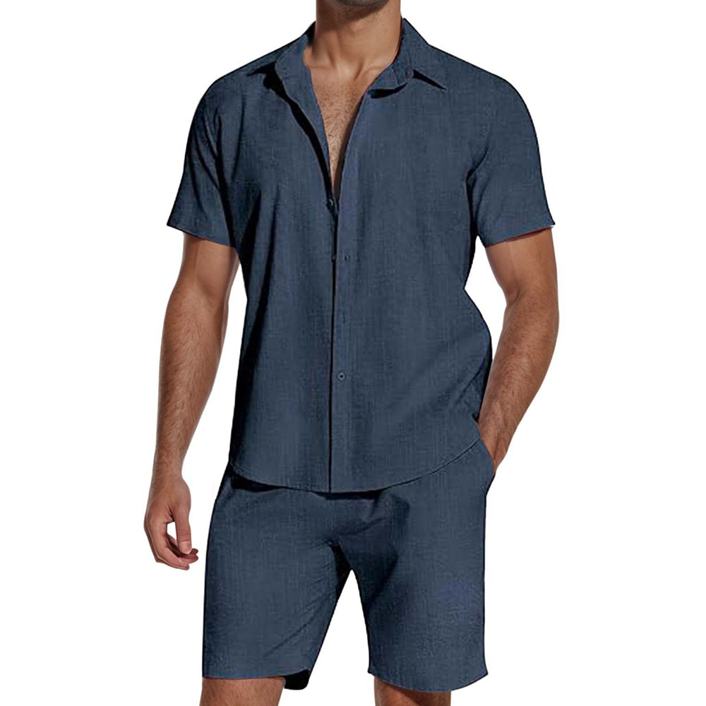 Ensemble deux pièces chemise à manches courtes et short en lin pour homme