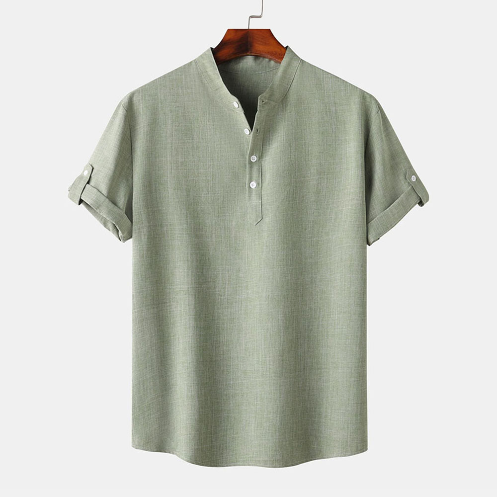 Herren Frühling und Herbst Stehkragen Einfarbiges Hemd Kurzarm