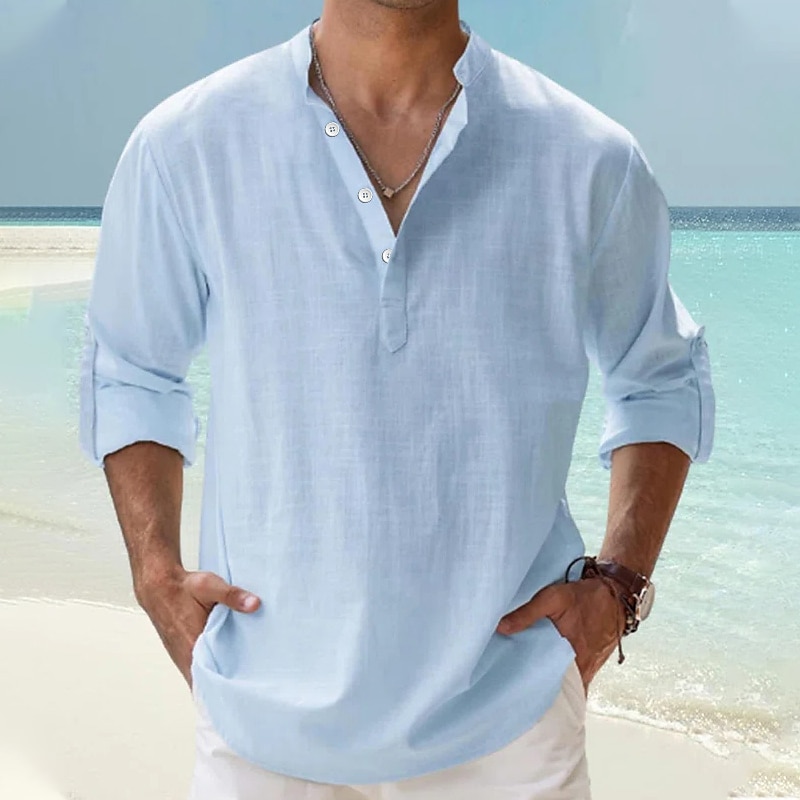 Men's Linen Shirt Popover Shirt Casual Shirt Beach Shirt Black White Pink Long Sleeve Plain Henley Spring & Summer Hawaiian Holiday Clothing Apparel