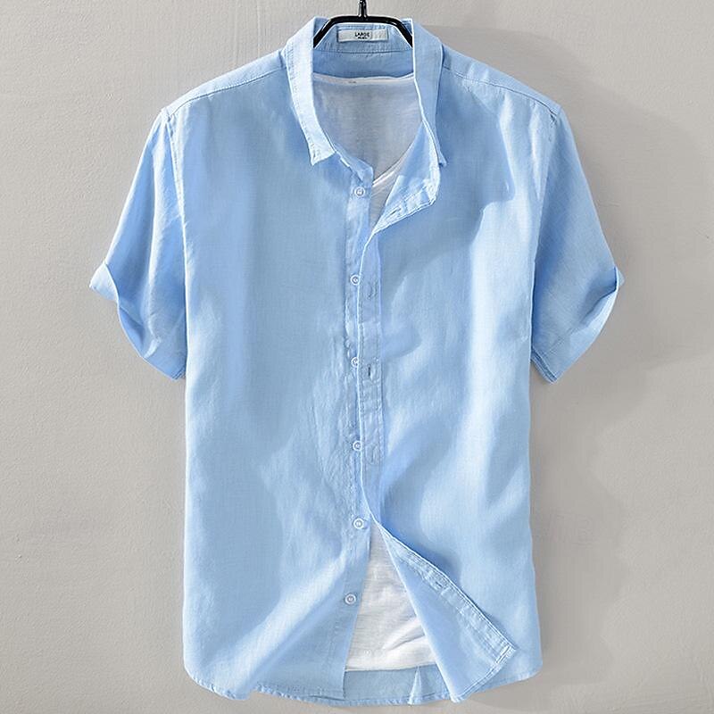 Men's Shirt Linen Shirt Casual Shirt Cotton Shirt White Sky Blue Dark Blue Short Sleeve Plain Turndown Summer Street Hawaiian Clothing Apparel Button-Down