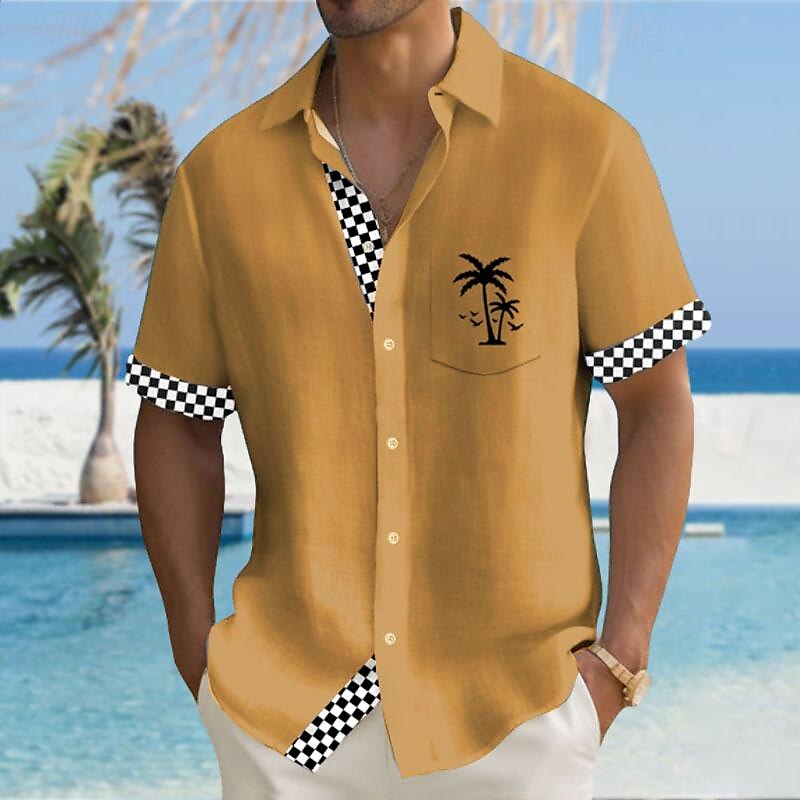 Solid Color Plaid Check Hawaiian Resort Men's Printed Shirts Outdoor Holiday Vacation Summer Turndown Short Sleeves Yellow, Pink, Blue S, M, L 4-Way Stretch Fabric Shirt