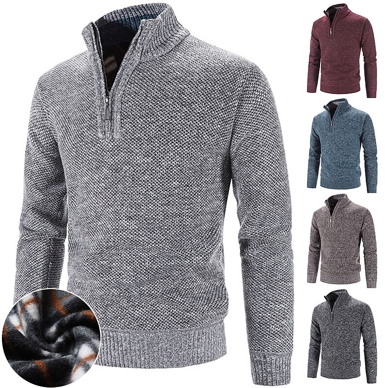 Men's Fleece Ribbed Regular Knitted Solid Color Standing Collar Keep Warm Modern Contemporary Work Daily Wear Clothing Apparel Spring &  Fall Pullover Sweater