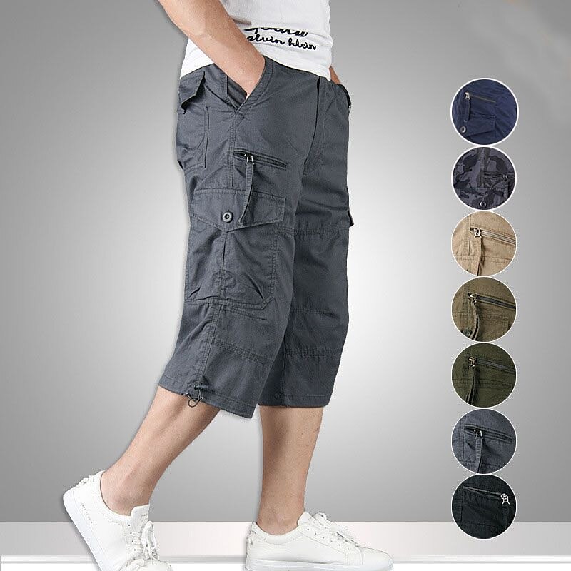 Men's Cargo Pants Cargo Trousers Work Pants Crop Multi Pocket Plain Camouflage Comfort Breathable Calf-Length Casual Daily Streetwear Cotton Blend Sports Fashion turmeric Black Micro-elastic