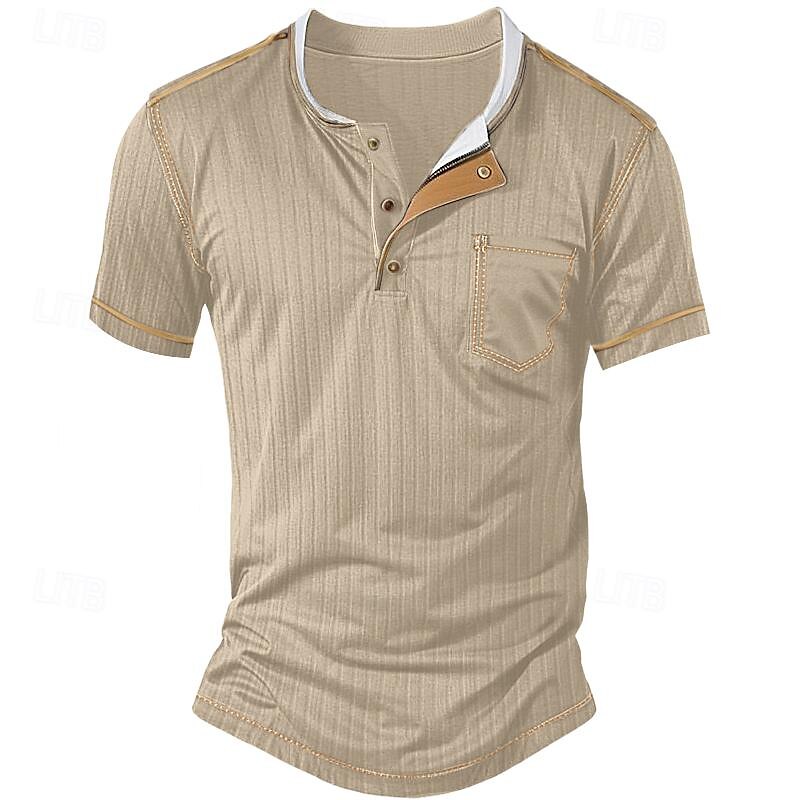 Men's Ribbed Knit Color Block Pit Strip Street Vacation Short Sleeves Patchwork Pocket Clothing Apparel Fashion Designer Basic Henley T-Shirt