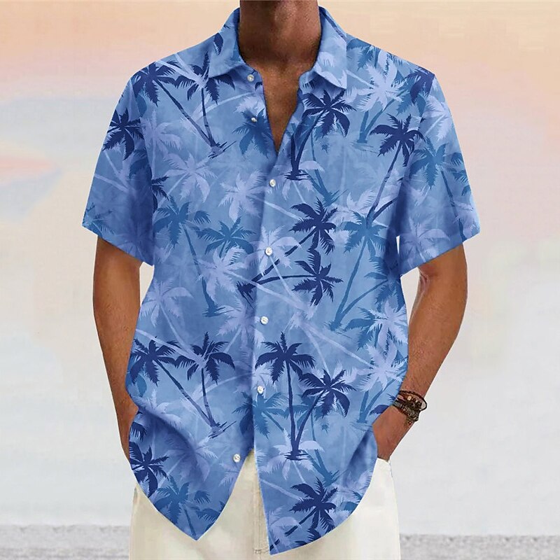 Men's Shirt Coconut Tree GraphicTurndown Yellow Pink Wine Navy Blue Blue Outdoor Street Short Sleeves Print Clothing Apparel Fashion Designer Casual Soft