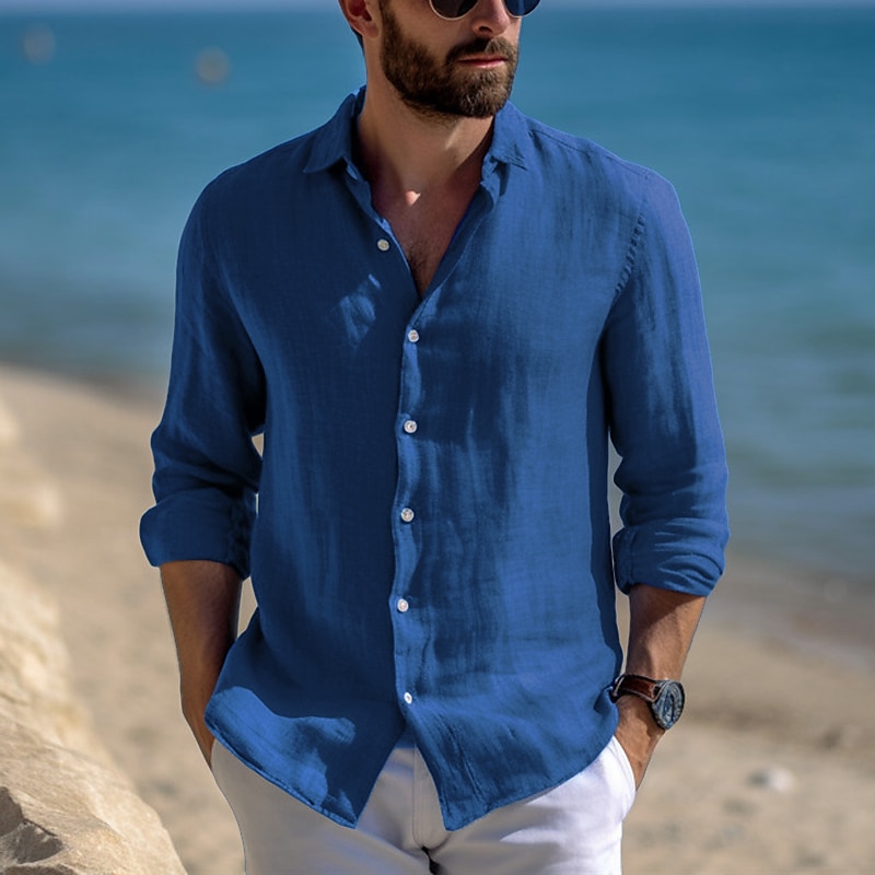 Men's Button Up Casual Beach Long Sleeve Plain Lapel Spring & Summer Casual Daily Clothing Apparel Linen Shirt