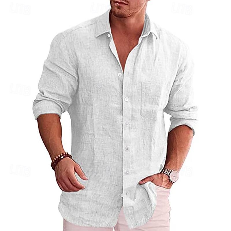 Men's Linen Shirt Shirt Button Up Shirt Summer Shirt Beach Shirt Black White Wine Long Sleeve Plain Lapel Spring &  Fall Hawaiian Holiday Clothing Apparel