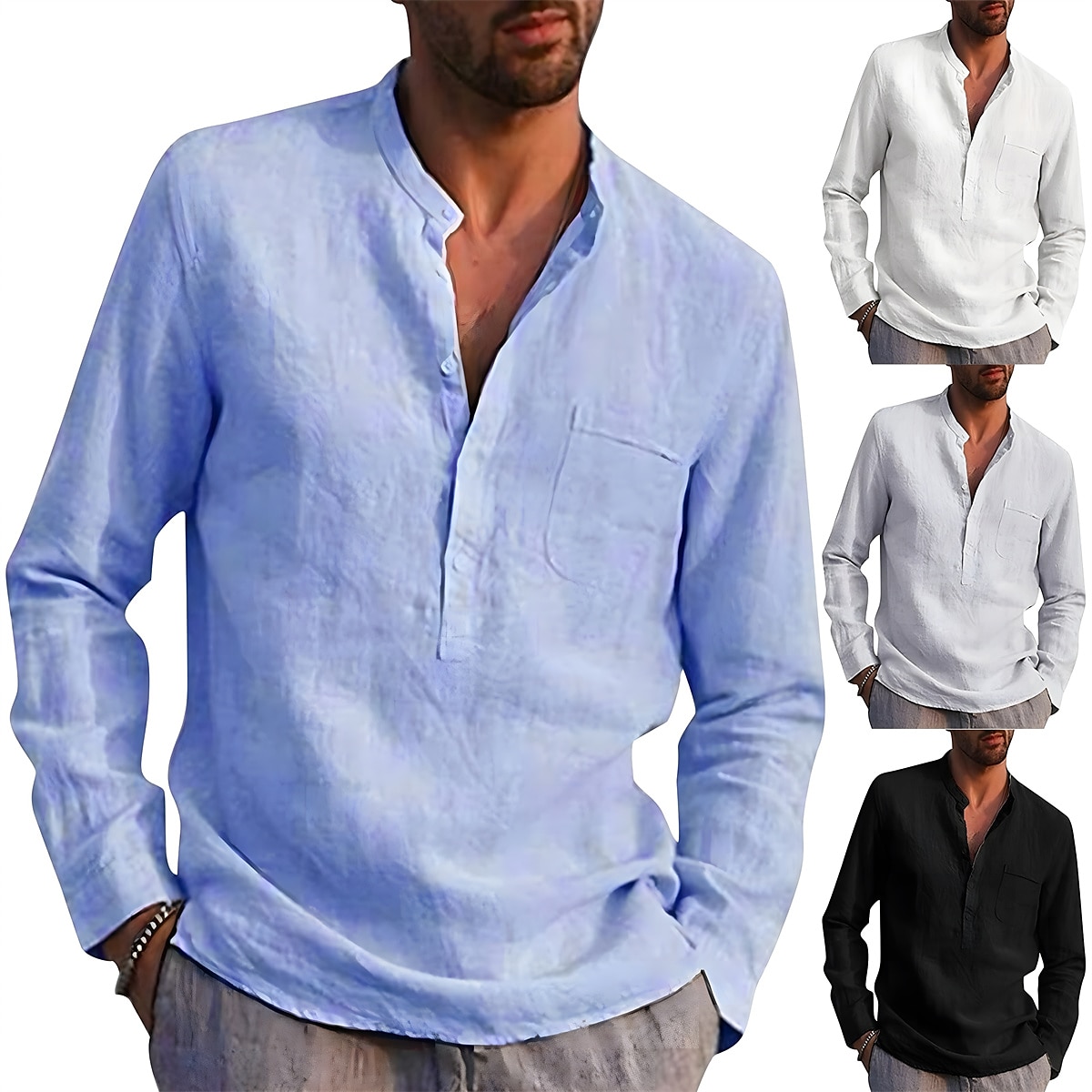Men's Summer Beach Long Sleeve Solid Color Collar Summer Spring Street Hawaiian Clothing Apparel Linen Shirt