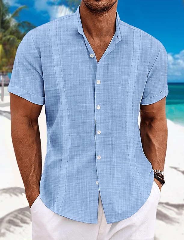 Men's Shirt Linen Shirt Guayabera Shirt Band Collar Shirt Summer Shirt Beach Wear Plain Vacation Curise Black White Blue Green Short Sleeve Collar Summer Clothing Apparel