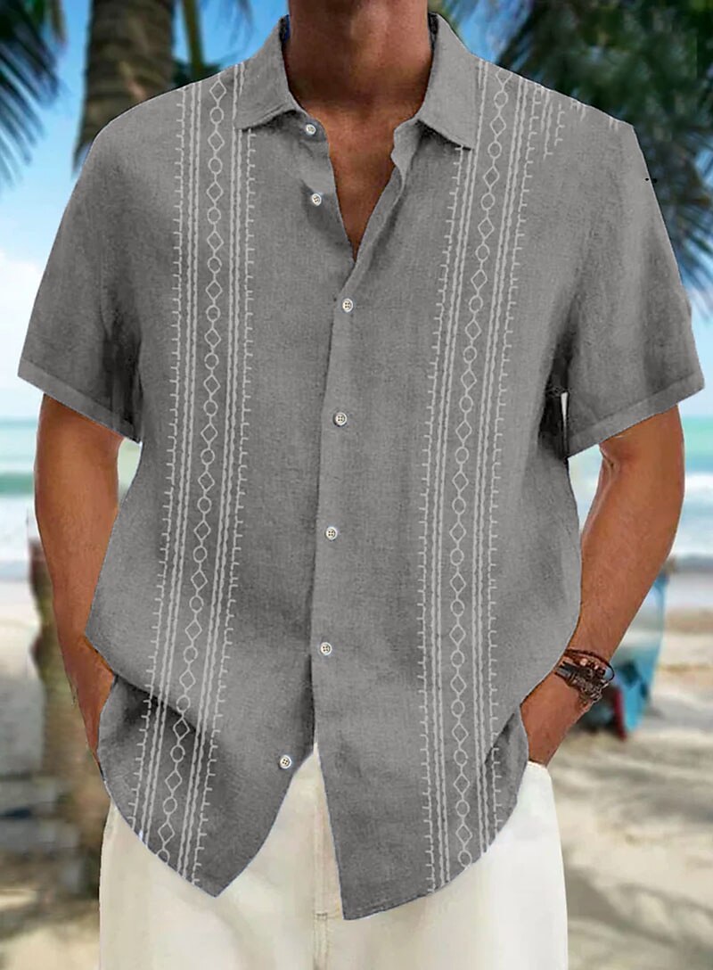 Men's Guayabera Shirt Casual Shirt Summer Shirt Beach Shirt White Blue Khaki Short Sleeve Striped Lapel Spring & Summer Hawaiian Holiday Clothing Apparel Print