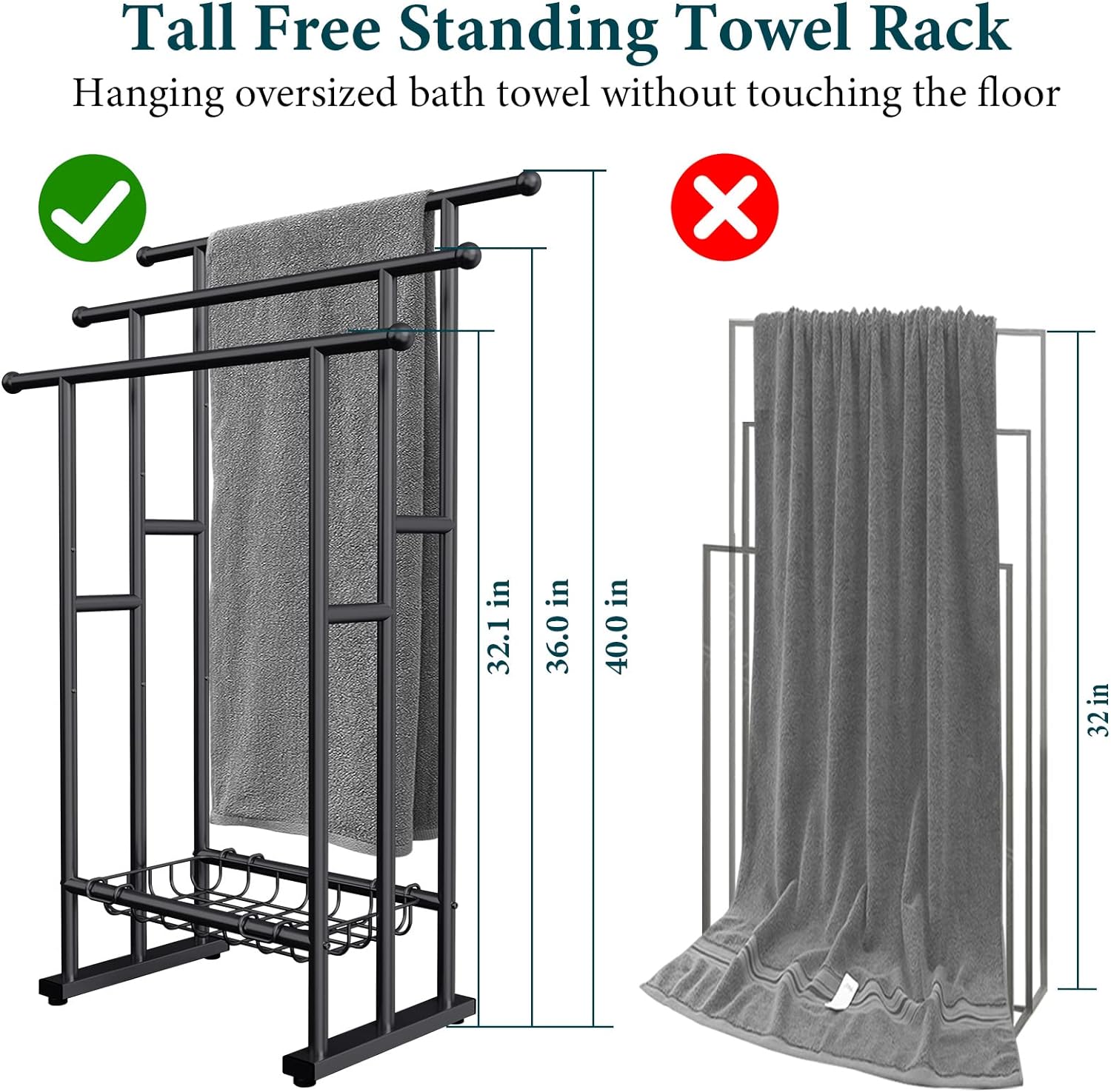 Kayfia 40" H Free Standing Towel Rack, 3 Tier Alloy Steel Stand with Basket, Blanket Drying and Display Rack for Oversized Bath Towels Bathroom Accessories, Next to Tub or Shower