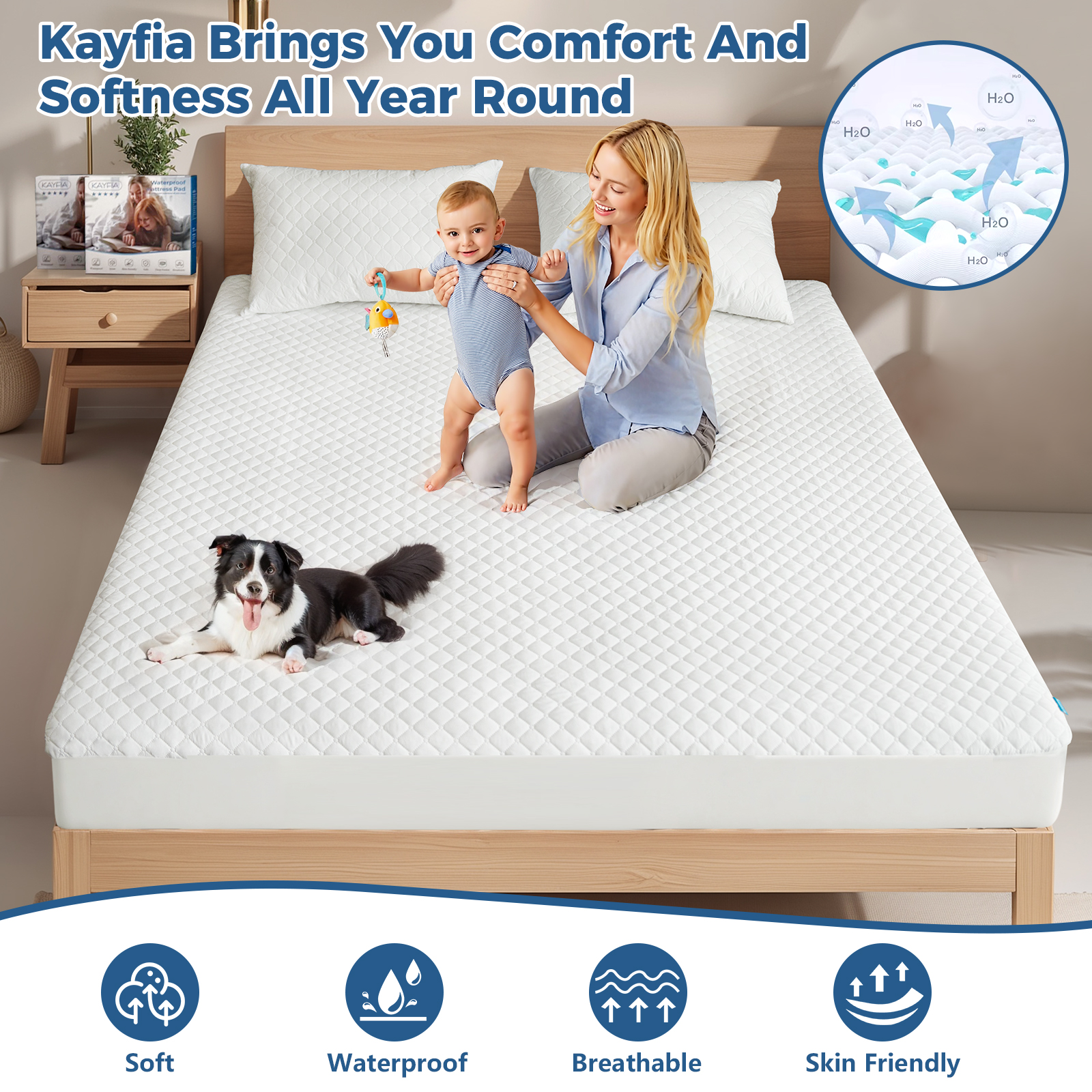 Kayfia Waterproof Mattress Protector, Soft Breathable 3D Air Fabric Mattress Cover, Noiseless Mattress Pad with Deep Pocket 6"-21" Machine Washable