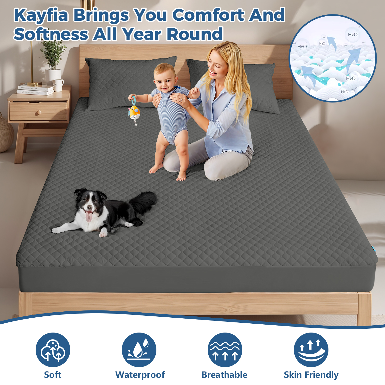 Kayfia Waterproof Mattress Protector, Soft Breathable 3D Air Fabric Mattress Cover, Noiseless Mattress Pad with Deep Pocket 6“-21” Machine Washable, Gray
