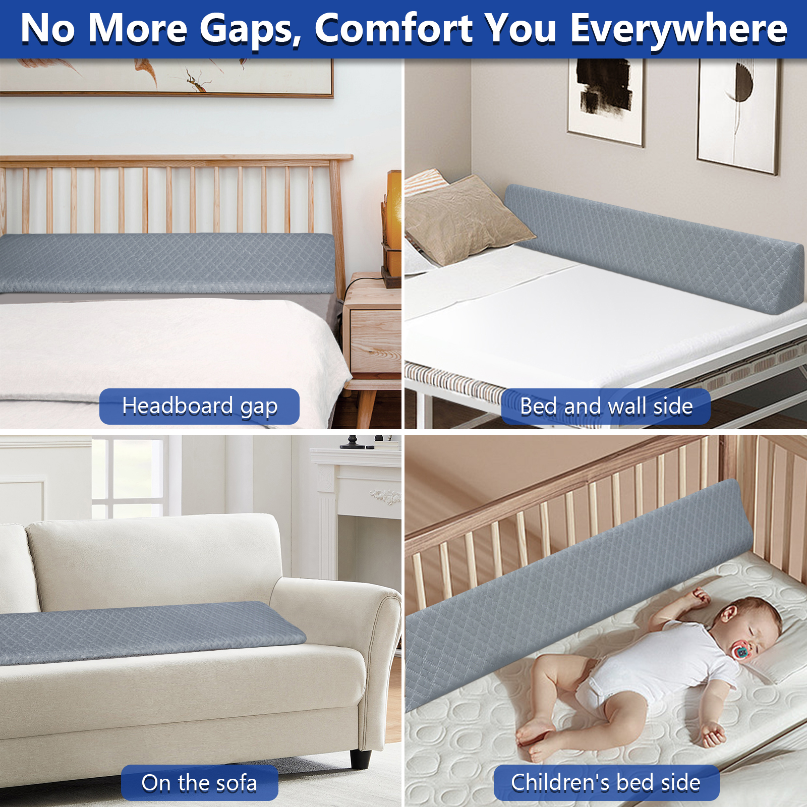 Kayfia Pillow Wedge for Headboard Gap Bed Gap Filller (0-8") Mattress Space Filler Pillow Stopper with 2 Side Pocket Triangle Foam Pillow Wedge Between Headboard Mattress