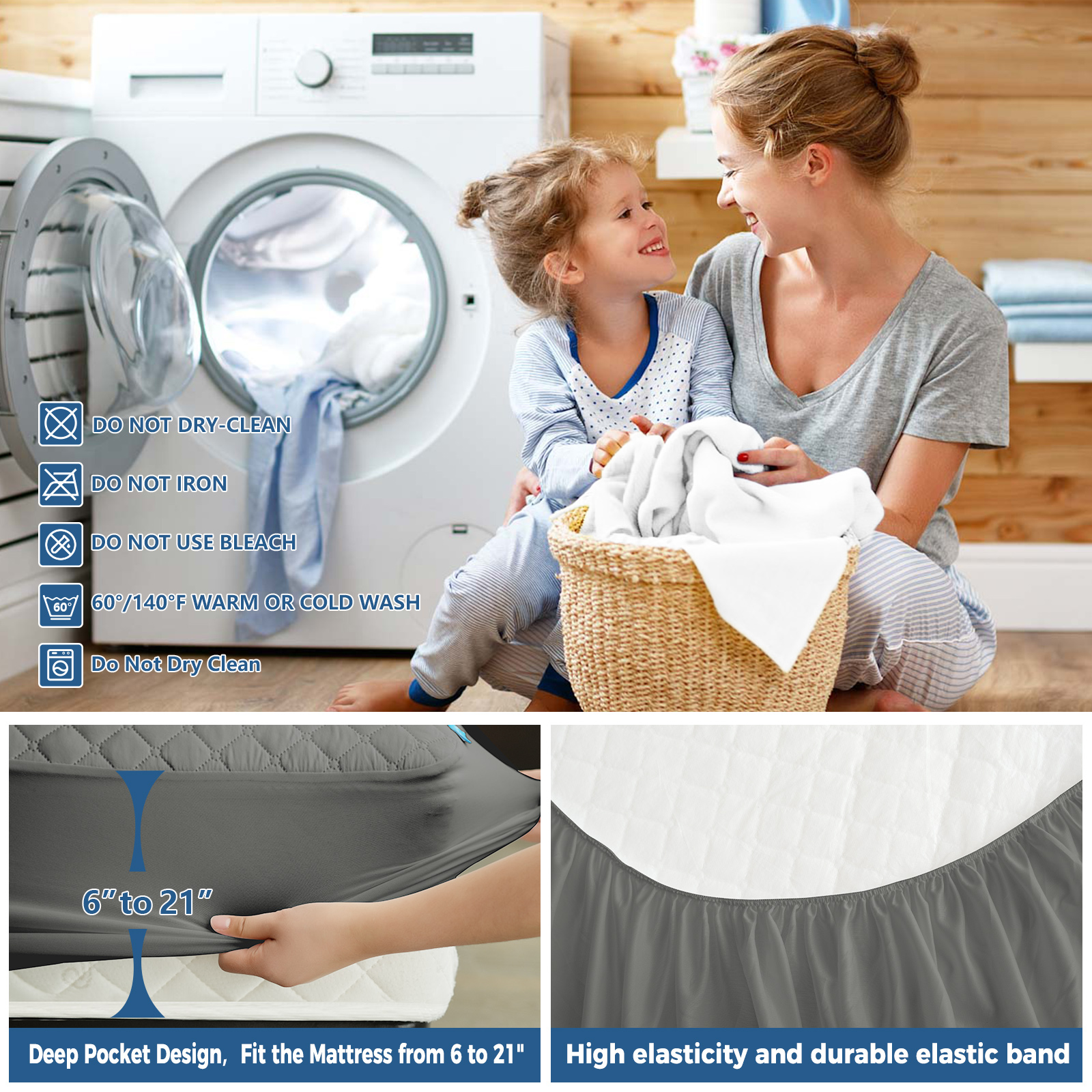 Kayfia Waterproof Mattress Protector, Soft Breathable 3D Air Fabric Mattress Cover, Noiseless Mattress Pad with Deep Pocket 6“-21” Machine Washable, Gray