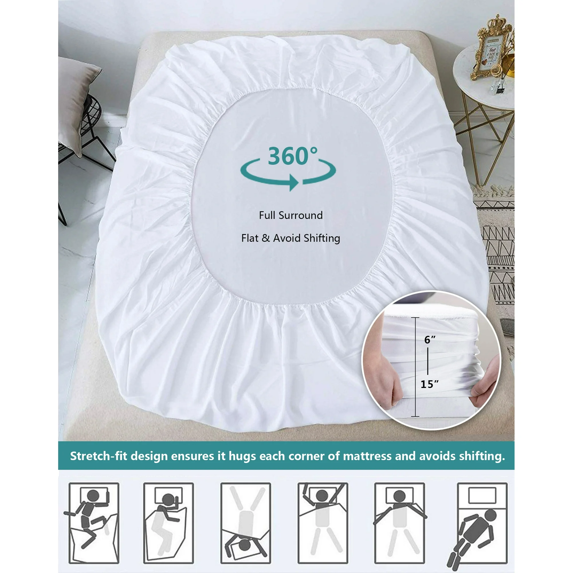 Kayfia Waterproof Noiseless Mattress Protector Cover Sheets Deep-Pocket
