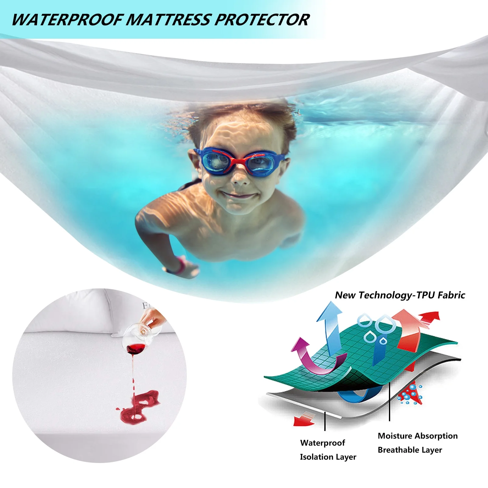 Kayfia Waterproof Noiseless Mattress Protector Cover Sheets Deep-Pocket