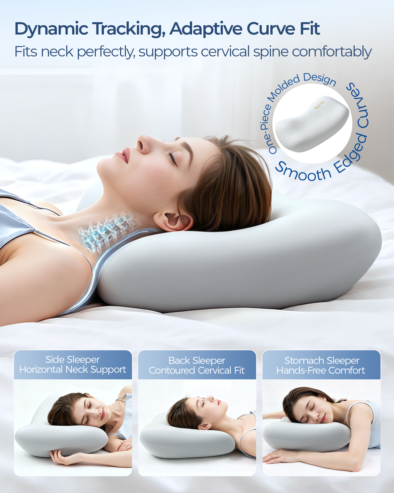 Kayfia Cervical Neck Pillow, Ice Silk Zipperless Pillowcase, 70D Soft Ergonomic Memory Foam Pillows, Design for Side & Back Sleepers